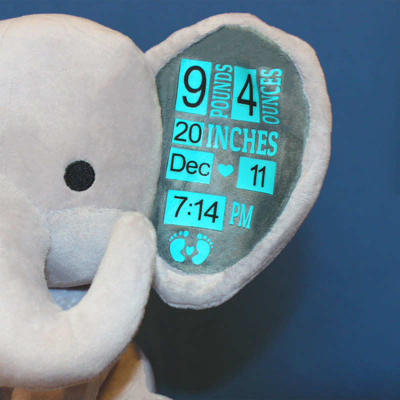 baby statistics elephant - elephant plushie with baby stats - custom baby stats stuffed animal [zoomed in]
