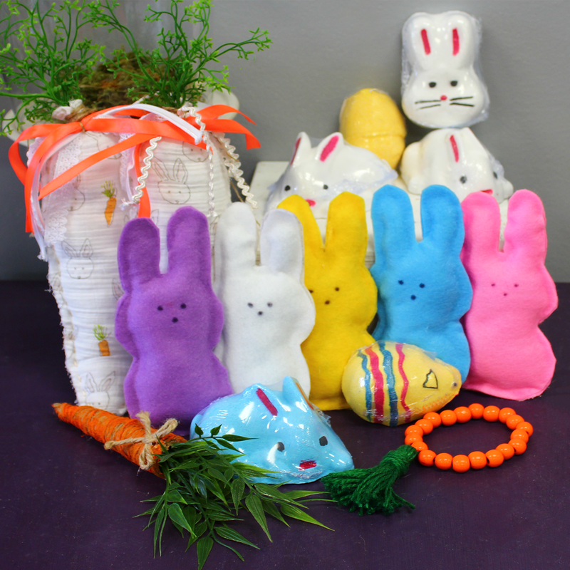 easter bunnies and bath bombs and carrot shelf decor, carrot bracelet