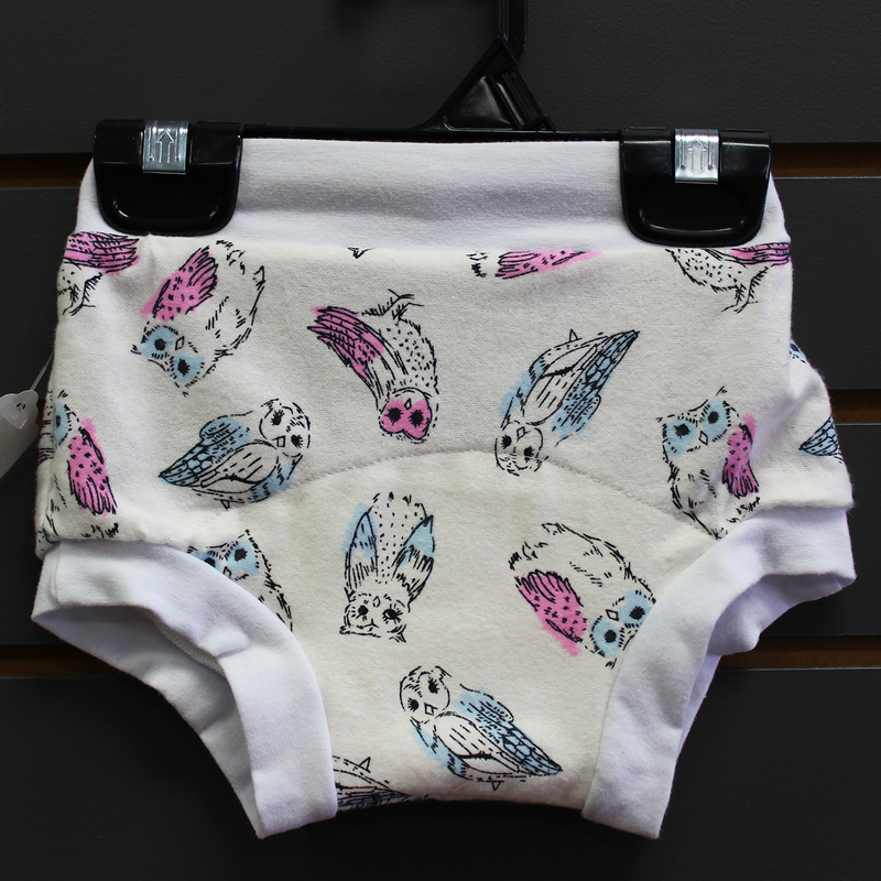 potty training underwear - potty training panties - potty training undies - handmade with white fabric with blue and pink owls - owl fabric - littleones canada